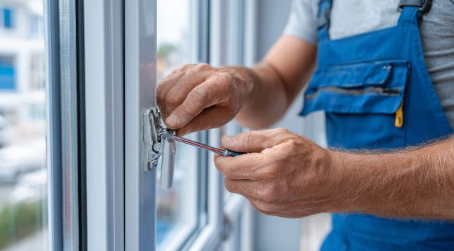 Ein Mann repariert ein Fenster mit einem Schraubenzieher