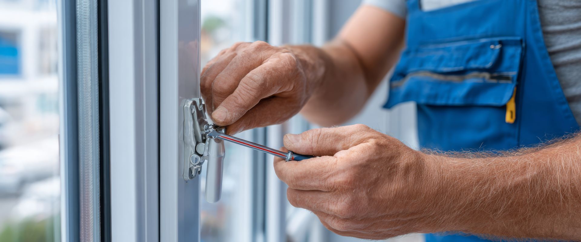 Ein Mann repariert ein Fenster mit einem Schraubenzieher
